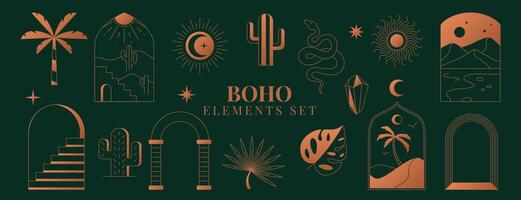 Boho elements set. Bohemian mystic line cactus, sun, moon, crystal, palm, stairs, desert landscape and arch frames design. Simple linear arch magic esoteric symbols, astrology icons on dark background vector