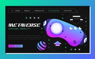 Metaverse landing page. VR glasses for gaming with simple objects floating around on purple background. Virtual reality, future digital technology vector illustration. Social media design web template