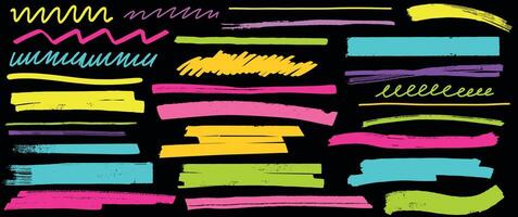 Set of acid color highlighter lines. Hand drawn highlight marker pen underlines, scribbles, stripes or strokes brush on black background. Vector abstract graphic element