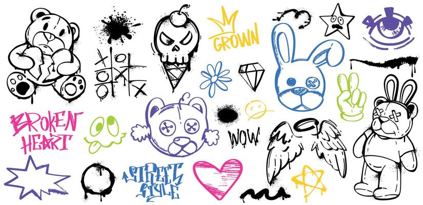 Spray paint graffiti element set of bear, rabbit, heart, skull, angel wings, eye, stars, tic tac toe and cool gesture. Grunge ink graphic symbols and color street art tags isolated on white background