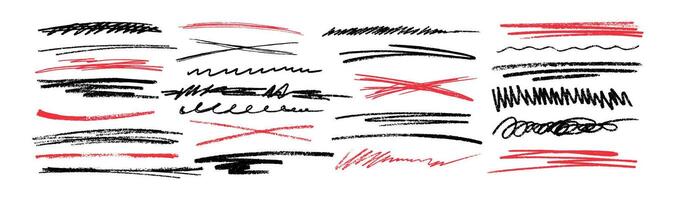 Hand drawn grunge strikethrough, charcoal underlines, scribbles and strokes. Red and black pencil highlight lines, chalk squiggles, marker crosses isolated on white background. Doodle vector elements