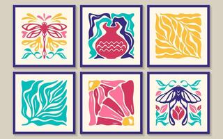 Abstract groovy square posters with flowers, butterfly, dragonfly and vase in minimal style. Trendy naive retro banners with plants and organic floral. Matisse print set. Botanic vector illustration