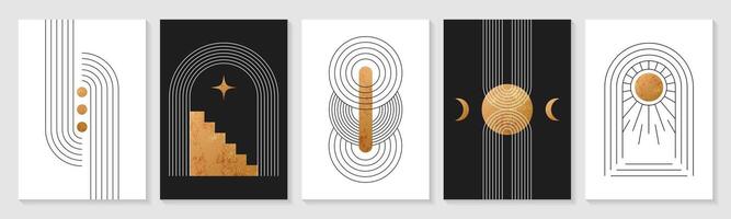 Zen arch posters. Modern boho linear geometric shapes, minimal simple figures. Vector set of covers, minimalist abstract wall art contemporary elements, golden sun and moon in trendy bohemian style