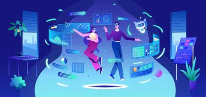 Metaverse technology concept. Flat people with virtual reality goggles and ai robot in office. Characters in futuristic glasses working with business data and graphs. Person use ai smart analysis vector