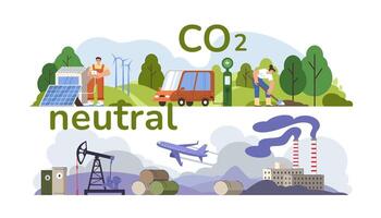 CO2 neutral, eco balance concept. People help save carbon neutrality, compensate air pollution from factories and industry. Characters protect atmosphere from smog and reduce emissions to environment vector