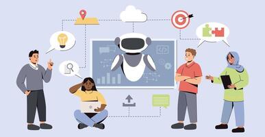 plano personas utilizar ai inteligente análisis tecnología vector ilustración. plano desarrollo equipo utilizar artificial inteligencia en trabajar. proceso con futurista robótico tecnología, datos investigación