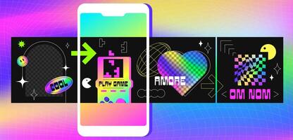 Trendy ig carousel design template with geometric shapes, acid labels in y2k style. Social media stories with neon copy space for photo or text. Mobile app screens with holographic groovy elements vector