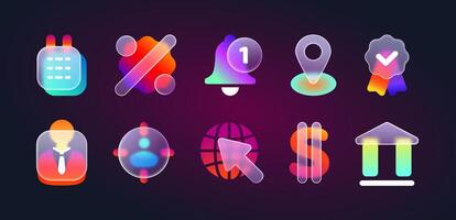 3d glassmorphism icons for website or mobile app. Transparent frosted glass morphism ui icon set with blur neon gradient of bank, notification, business strategy, calendar, location pin, dollar symbol vector