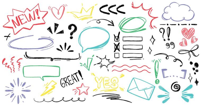 Hand drawn sketch pencil punctuation marks, brush stroke, underline, emphasis, arrow, speech bubble, highlight text elements. Color charcoal doodle check mark, phrases, swoop line, cross freehand icon