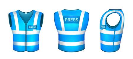 Blue safety vest for press with reflective elements, fluorescent stripes. Protective uniform or hi-vis clothing for reporters, journalists and mass media worker. Waistcoat in back, front and side view vector