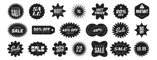 Vector set of black starburst sale sticker label. Promo star price tag or special offer badge different shapes. Sunburst promotion badges icon on white background. Flat design elements for shopping