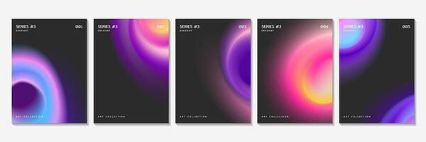 Posters of backgrounds with color radial fluid gradient blur effect. Covers design template with neon light blurry circles and iridescent gradation with blur effect. Flyers with circular blurry stains vector