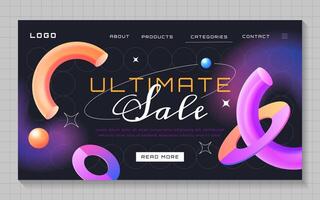 Modern gradient sale banner with color glowing geometric shapes. Trendy landing page template with flying 3d objects different forms. Flyer or poster with design elements and defocus effect backdrop vector