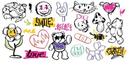 Spray paint graffiti element set of bears, flower, heart, mushroom, cat, skull, plaster, smile and cool gesture. Grunge ink graphic symbols and color street art tags isolated on white background vector