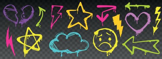 Spray paint graffiti element set of star, arrow, broken heart, cloud, lightning bolt and sad smiley. Color grunge ink graphic symbols isolated on dark background. Brush street art vector illustration