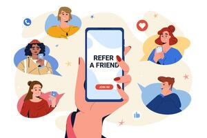 Refer a friend concept. Flat hand hold phone to invite friends for community or social media group and earn rewards, money bonus. Online referral program. Teenagers in speech bubbles follow and join vector