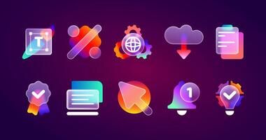 Realistic glassmorphism matte ui icons with blurred neon gradient. Transparent frosted glass morphism icon set of notification bell, solution bulb, laptop, web settings, percent discount, download vector