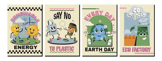 Flat set posters of save the planet, no plastic and renewable energy in trendy groovy style. Design templates with funny characters, eco bag and cup. Earth day, co2 neutral, world environment cards vector