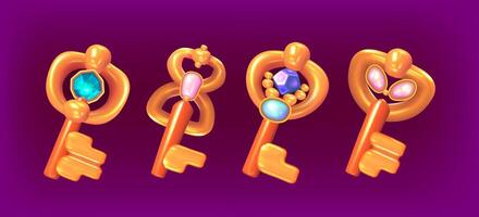 Set of old golden keys ui elements with glowing gemstones and crystals. Collection of game props, level awards. Gui design elements, magic objects. Cartoon graphics for quest, rpg or arcade vector