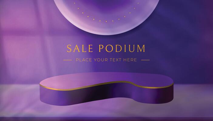Realistic 3d vector sale podium or pedestal with leaves shadow overlay on purple background. Product display platform with golden decor and shades on wall. Showcase scene for exhibition or showroom
