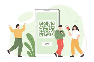 plano hombre con móvil teléfono exploración qr código para en línea pago y Internet compras. caracteres en pie cerca grande teléfono inteligente con qr símbolo en dispositivo pantalla y utilizando escáner carné de identidad aplicación para pagar vector