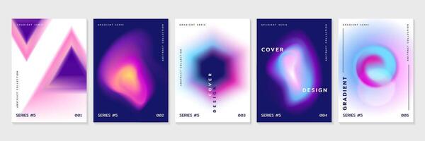 Cover or poster template with fluid gradient abstract shapes. Set of banners with liquid vibrant gradient blur in iridescent neon colors. Vector geometric form mesh elements with blurry effect