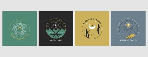 Set of vector linear boho logo design. Travel icons or emblems with cactus, sea, palm, desert landscape, mountain, sun and moon. Bohemian frames, borders or arch line with symbols in minimal style