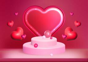 Realistic pink 3d cylinder pedestal podium and heart shape neon frame arch. Valentine day background with round platform, stage showcase for product display. Studio room with minimal scene and hearts vector