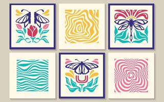 Groovy abstract poster set with groovy butterfly and dragonfly, flowers, waves and twirl pattern in matisse minimal style. Trendy retro banners with plants, curves print. Modern naive interior frames vector