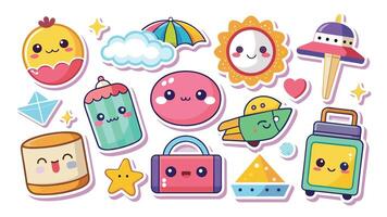 kawaii de viaje pegatinas y icono colección conjunto mínimo aislado plano ilustración en blanco antecedentes vector