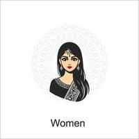 Indian women saree clipart Indian woman wearing bridal outfit-Black and white vector illustration