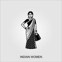 Indian women saree clipart Indian woman wearing bridal outfit-Black and white vector illustration