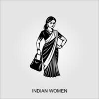 Indian women saree clipart Indian woman wearing bridal outfit-Black and white vector illustration