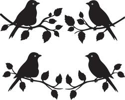 conjunto de pájaro en un árbol rama negro silueta vector