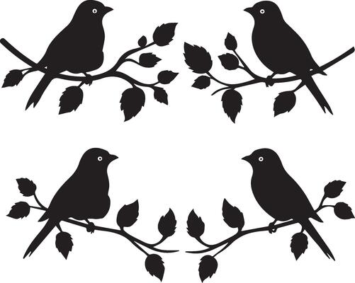 Set of Bird on a Tree branch black silhouette