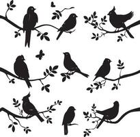 Set of Bird on a Tree branch black silhouette vector