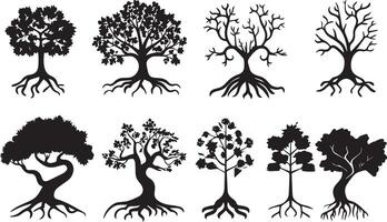 silueta vector de árbol y raíz en blanco antecedentes