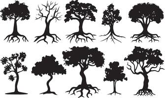 silueta vector de árbol y raíz en blanco antecedentes
