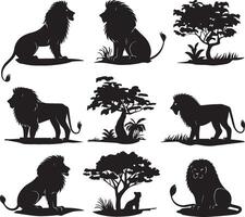 Set of Black Silhouette Lion vector