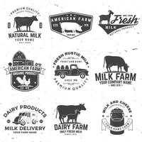 American Farm Badge or Label. Vector. Vintage typography design with chicken, pig, cow and farm house silhouette. Elements on the theme of the milk, pork and chicken farm business. vector