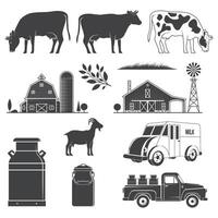 Set dairy and milk farm equipment icon. Vector illustration Set include cow, goat, farm, milk can, pickup silhouette scale isolated on the white background.