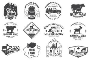 Fresh rustic milk badge, logo. Vector. Typography design with cow, milk farm, truck silhouette. Template for dairy and milk farm business - shop, market, packaging and menu vector