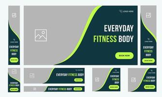 Body fitness web set banner design for social media post, everyday body fitness and yoga training web bundle banner design, fully editable vector eps 10 file format