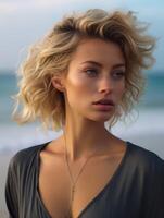 AI generated Woman Standing on Beach Next to Ocean photo