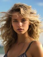 AI generated Woman With Long Hair Standing on Beach photo