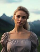 AI generated Woman Standing in Field With Mountain View photo