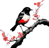 ai genererad målning av en djupröd chatt fågel använder sig av de japansk penseldrag Metod. png