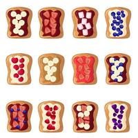 Set sweet toasts. Cartoon isolated slices of toasted cereal bread with fruits and berries, marshmallow  for breakfast. Toasted bread with chocolate spread or peanut butter, jam and cream cheese vector