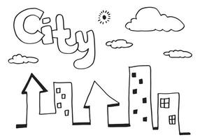 City view with office buildings, clouds and sun, hand drawn doodle vector illustration.