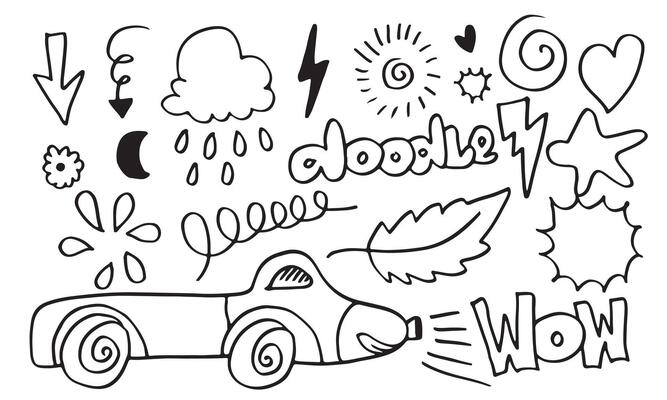 hand-drawn cute doodle set on white background. doodle design elements.doodle kids for decoration and coloring page.